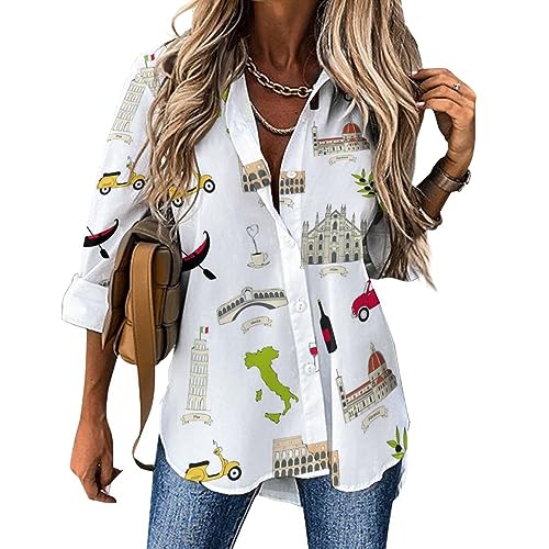 Famous Italian Landmarks Blouses for Women Hawaiian Button Down Long Sleeve Shirts Tees Tops