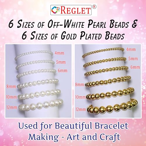 Image of 1800 Pcs Golden & 1800 Pcs Off White Beads for Bracelets Making - Beads for Jewellery Making Kit, Bead Craft, Crafting, Beading, Beadwork, Pearls for Craft - 4, 5, 6, 8, 10, 12MM - 360g