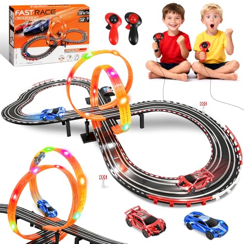 PATEMZON Pista de Coches Electricos Niños, Pistas de Cars Telecomandado con 2 Coches y Accesorios, Juguete Circuito Coche Eléctrico Flexible con Luz, Juguetes Regalo para Niños y Niñas de 3+ Años (B)