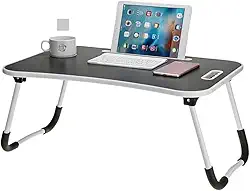 Mesa Portátil Dobrável, Madeira, 60x27 cm, com Suporte para Tablet e Copos, Articulada, para Notebook, Cama, Sofá, Home Office Preta