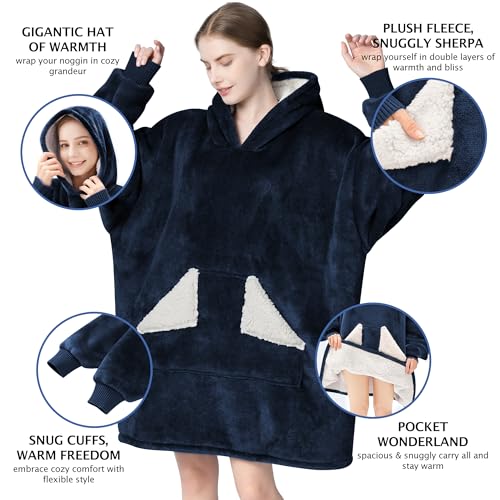 Touchat Wearable Blanket Hoodie, Oversized Sherpa Blanket Sweatshirt with Hood Pocket and Sleeves, Super Soft Warm Comfy Plush Hooded Blanket for Adult Women Men, One Size Fits All (NavyBlue)