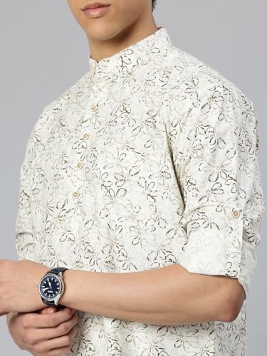 Image of Majestic Man Men's Pure Cotton Printed Mandarin Collar Regular Fit Roll-Up Sleeves Short Kurta