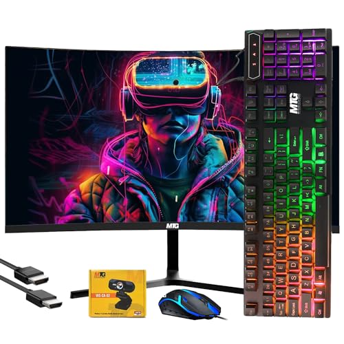 MTG 24-inch Curved Gaming Monitor - Full HD 1080P, Frameless Design, Low Motion Blur, VESA Mount, HDMI/DP/Audio/USB Ports, with Webcam and RGB Keyboard and Mouse Combo for Home and Office