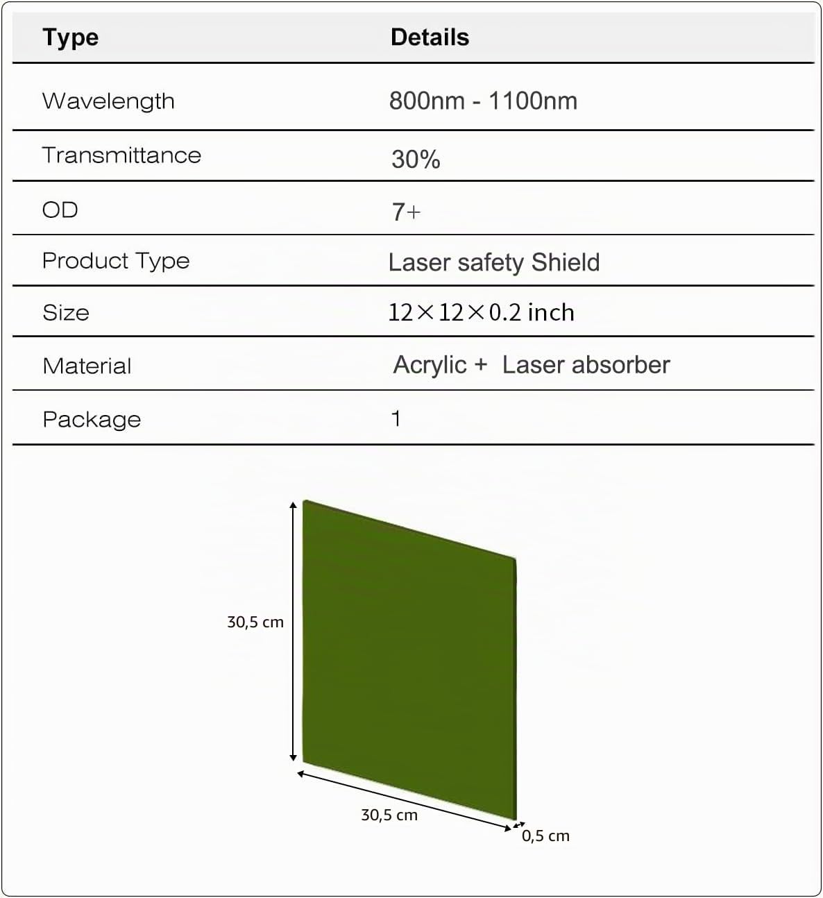 Bouclier de fenêtre de sécurité laser pour 800-1100 nm (30,5 x 30,5 x 0,5 cm) haute puissance en verre organique 800-1100 nm fibre optique plaque de protection contre la lumière infrarouge plaque de