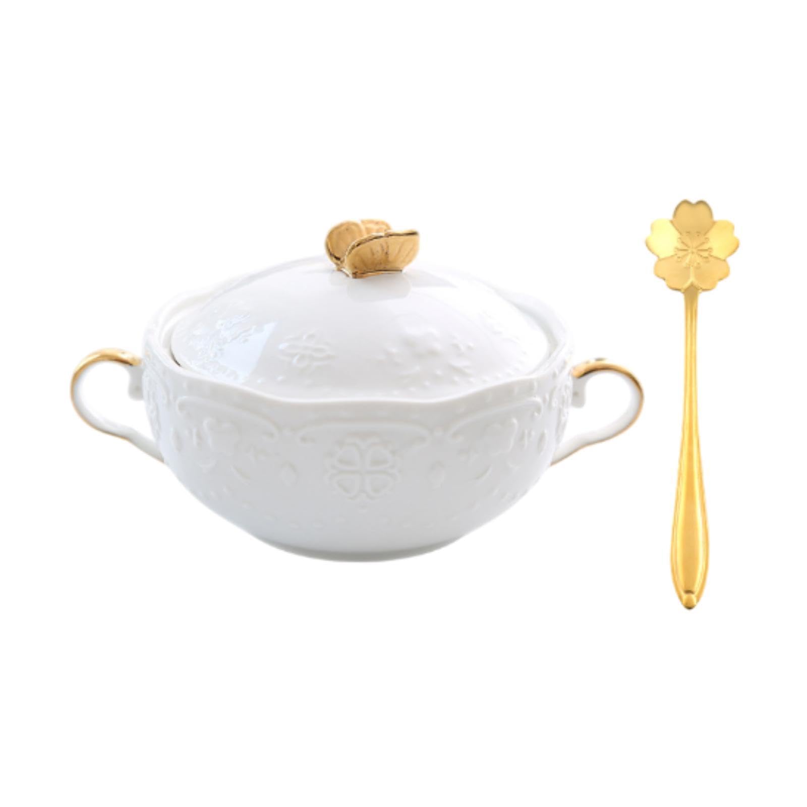 Soup Bowl with Handles, 9.8oz Capacity for Pasta and Ice Cream, Gold Cover Handle