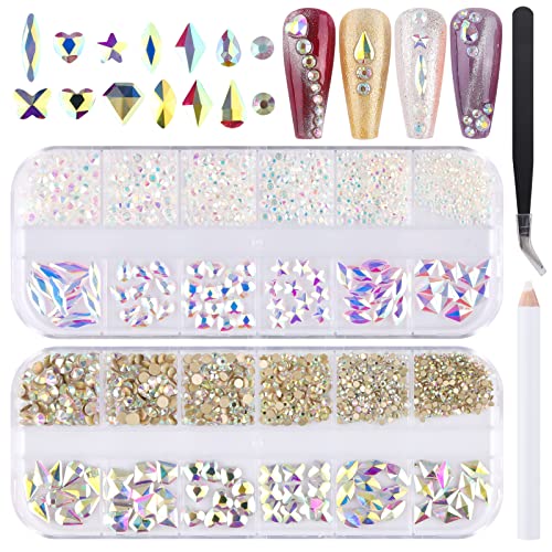 EBANKU Diamantes para Uñas, 480 Piezas Pedrería de Imitacion de Arte para Decoración de Arte de Uñas Lentejuelas Uñas con Pinza y lápiz para Uñas (Aurora + Plata) Cover