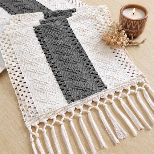 Image of FEXIA Boho Table Runner with Tassels for Home Decor 12x72 Inches Grey | 72 Inches Long Modern Farmhouse Rustic Burlap Table Decoration for Bedroom Living Dining Room Baby Shower Autumn Decor