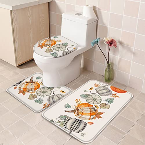 Fall Pumpkins Maple 3-teiliges Badezimmerteppich-Set Harves Thanksgiving Country Farm Crop Langlebiges weiches Badematten-Set mit Konturteppich Toilettendeckelbezug for Dusche/Badewanne, 20"x32"+16"x1