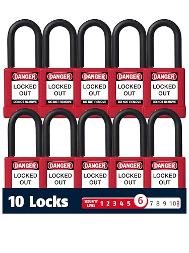 Image of ABUS Premium Lockout Tagout Padlocks -10 Pack, OSHA Compliant Insulated Loto Locks, Keyed Different, 1 Key Per Lock (10, Red)