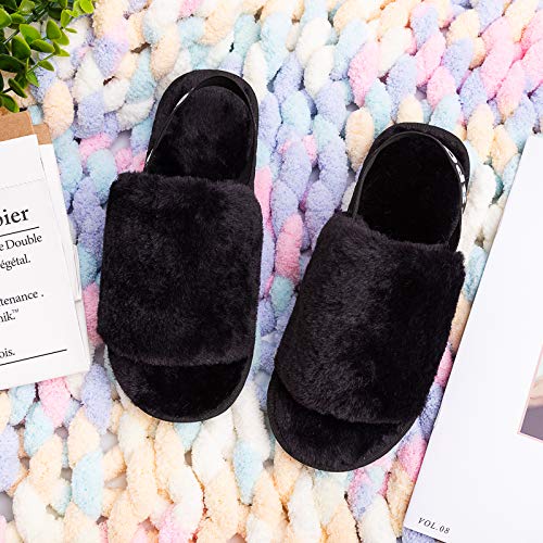 Womens Leopard Fuzzy Slippers Soft Plush Open Toe Faux Fur House Slide Sandals Indoor Spa Bedroom Flat Shoes with Elastic Strap3
