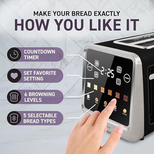 Image of Inspirex Touch Screen Toaster - 2 Extra Wide Slots - 5 Bread Types and 6 Browning Levels - Defrost, Reheat, Favorite, & Single Slot Modes - For Toast, Bagels, & Waffles - Black