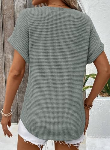 Dokotoo Womens Waffle Knit Tops 2025 Fall Summer V Neck Shirts Casual Trendy Women's Blouses Basic Tee4