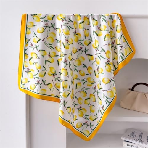 Lemon Print Silk Scarf, Retro Silk Scarves, Floral Printed Bandana Headscarf Wedding Neckerchief Accessories for Festival Cosplay Rave Outfit Gifts 70 * 70cm2