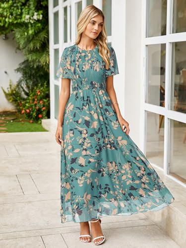 Image of Simplee Womens Casual Floral Summer Maxi Dress 2026 Boho Flowy Short Sleeve Crew Neck Vacation Smocked Chiffon Dresses