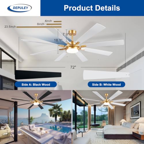 Image of Depuley 72-Inch Ceiling Fan with Light: Modern 8-Blade White and Gold Indoor Outdoor Fans with Remote Control Dimmable Light - Ultra Quiet DC Motor Reversible 6 Speed Timer