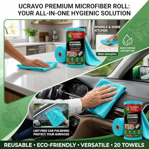 Image of UCRAVO 20 SHEETS - Reusable Kitchen Towel Roll 4000 Times Washable - Ultra Absorbent Lint Free - 10X Cheaper Than Paper Microfiber Cleaning Cloth for Kitchen - Tearable, Reusable - (1 Roll,Sky Blue)
