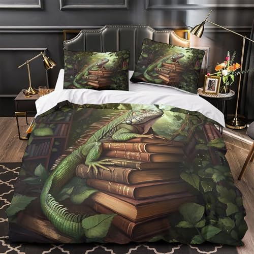 Lucertola verde Impressione 3D 3 pz coperteletto Scena del libro fantasy cover piumone microfibra morbida ipoallergenica per bambini ragazzi ragazze King（220x240cm）