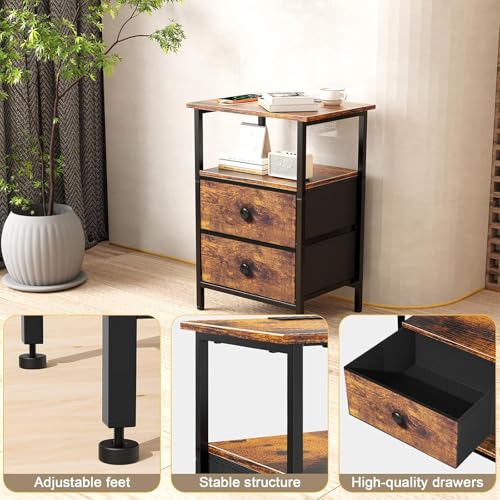 Image of Nightstand with Charging Station, Bedside End Table with 2 Fabric Drawers for Bedroom, Side Table with USB Ports and Outlets, Rustic Brown