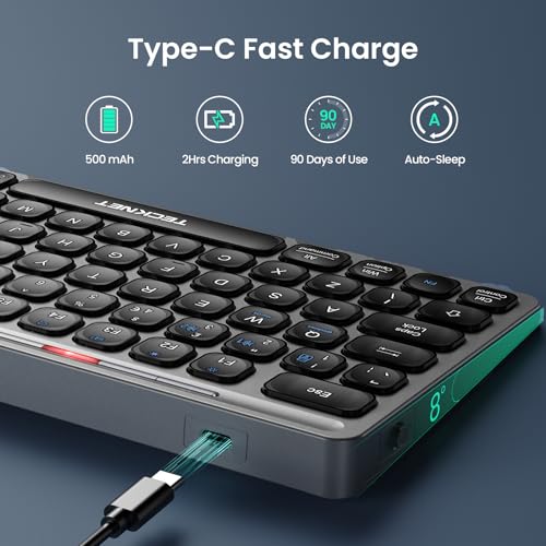 TECKNET Bluetooth Wireless Keyboard - Small Compact Rechargeable 2.4GHz USB Keyboard with 500mAh Battery Capacity for 3 Devices, Widely Compatible with Laptop, PC, UK Layout, Grey - Image 4