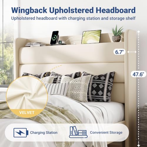 Image of Allewie Full Size Upholstered Bed Frame with Charging Station, Cream