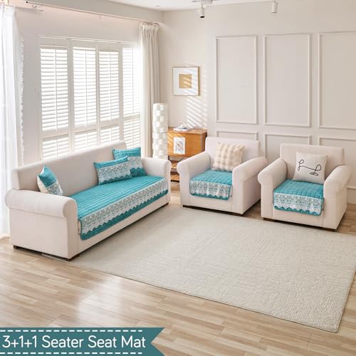 Image of HOKIPO 'BelleLace Series' 5 Seater Sofa Cover Mat in 3+1+1 Configuration | Imperial Milk Velvet with Lace Design | Teal (AR-5966+5962 * 2-Teal)