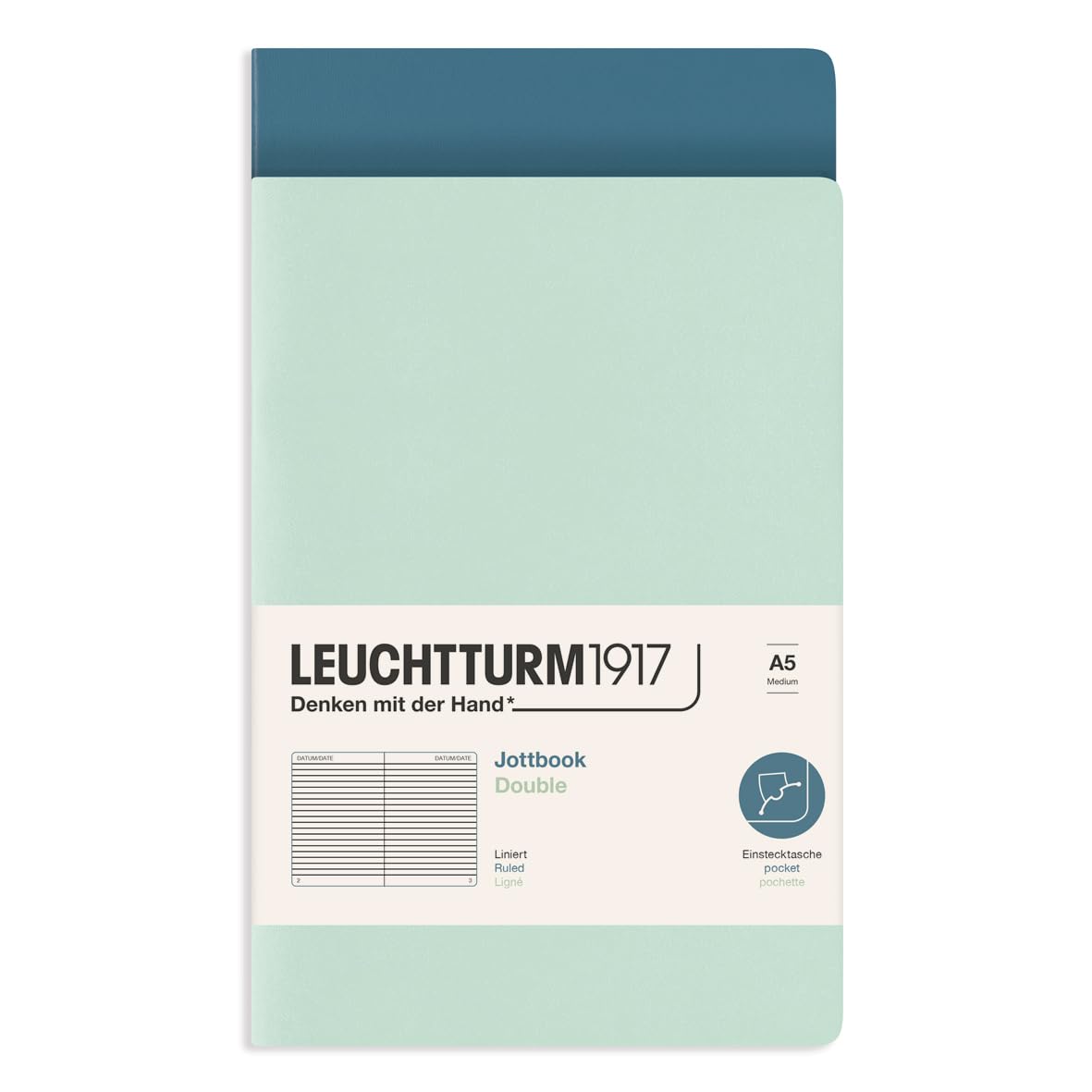 LEUCHTTURM1917 372390 Jottbook (A5), 2 Stück, with Flex Cover, Double Pack, Mint Green and Stone Blue, Ruled