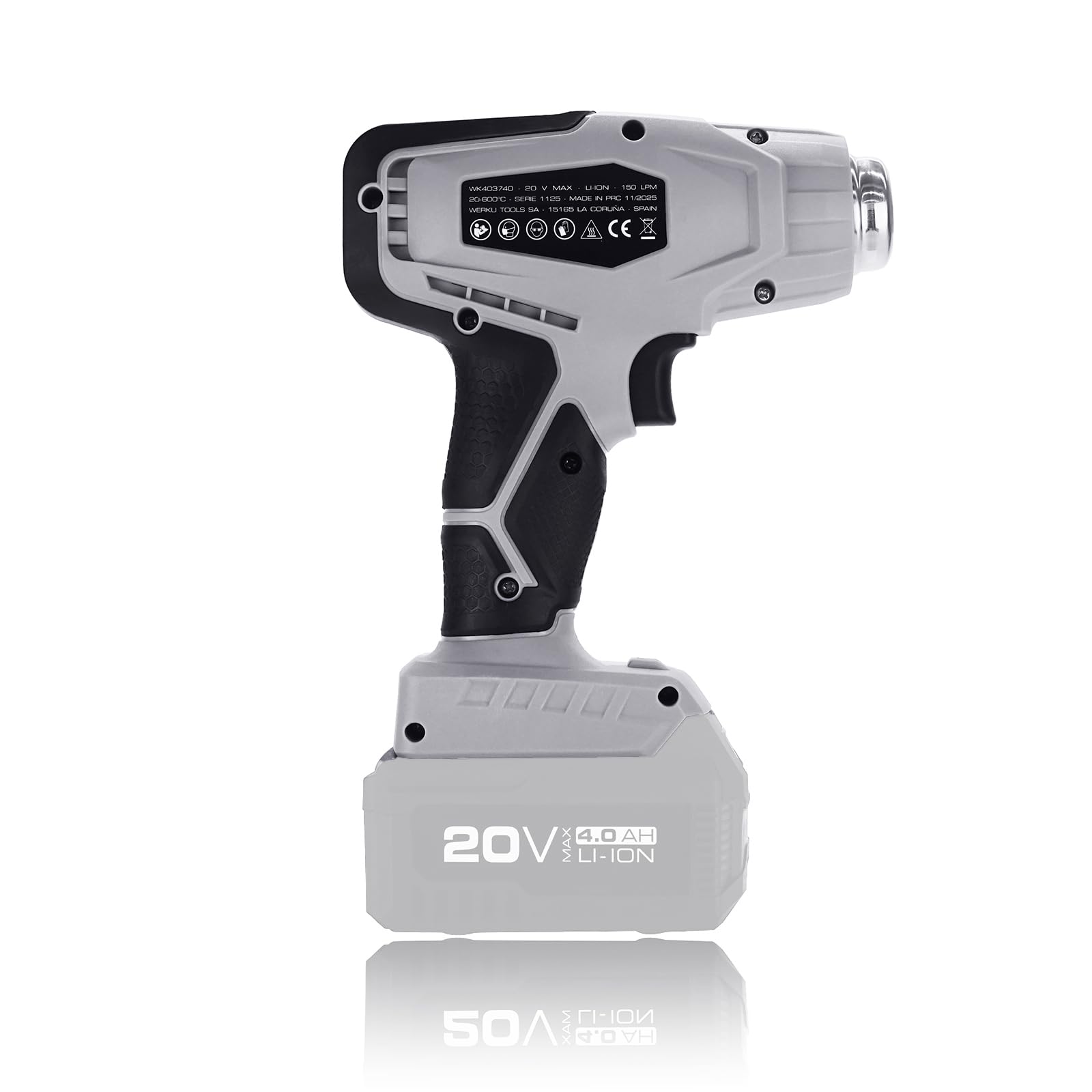 Werku WK403740, Pistola Aire Caliente Inalámbrica, Calidad Profesional, Potencia 20 V, Control Temperatura 20-600ºC, Caudal Aire 150 LPM, No Incluye Batería y Cargador