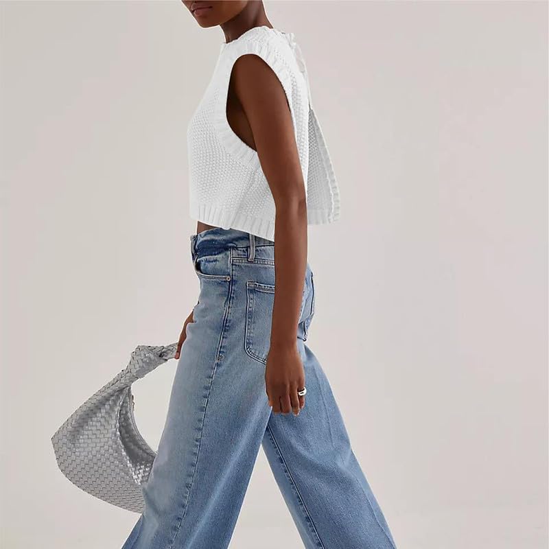 Y2K Women Backless Tie Up Knit Crop Sweater Vest Sleeveless Round Neck Split Open Back Pullover Fall Tank Tops3