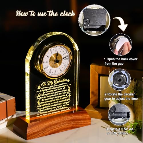 Image of Arikyrist Godmother Gifts from Godchild with Wooden Light Base, Glass Clock Gift for Best Godmother on Birthday Christmas Mothers Day Thanksgiving from Goddaughter Godson Table Decor