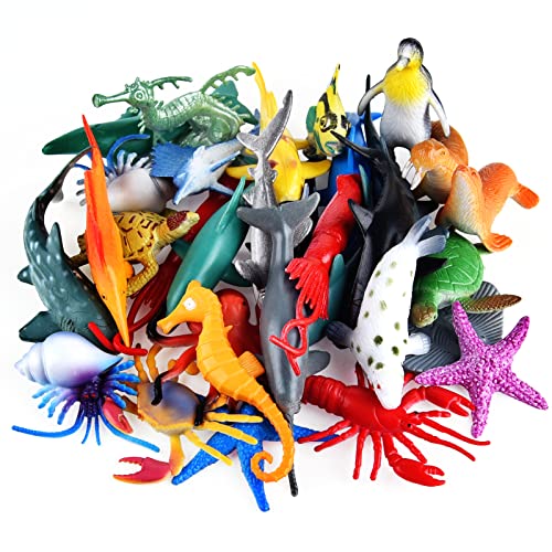 PLULON 32Pcs Meerestierfiguren Spielzeug, Meeresbewohner Tierspielzeug Kinder Spielfiguren Kunststoff Tiere Kuchendeckel für Kinder Party Favor Supplies, Geburtstagsgeschenke