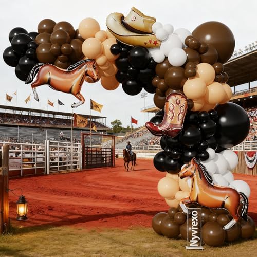 Image of 150Pcs Western Cowboy Balloon Garland Arch Kit, Black Brown White Balloons With Cowboy Boot Hat Horse Foil Balloons for Western Cowboy Farm Wild West Baby Shower Birthday Party Decorations