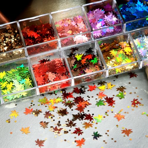 Image of 3Boxes 24 Colors Maple Leaf Nail Art Sequins Chameleon Holographic Glitter 3D Flakes Laser Gradient Nail Glitter Design Shiny Glitters Accessories for Women Fall Manicure DIY Decorations