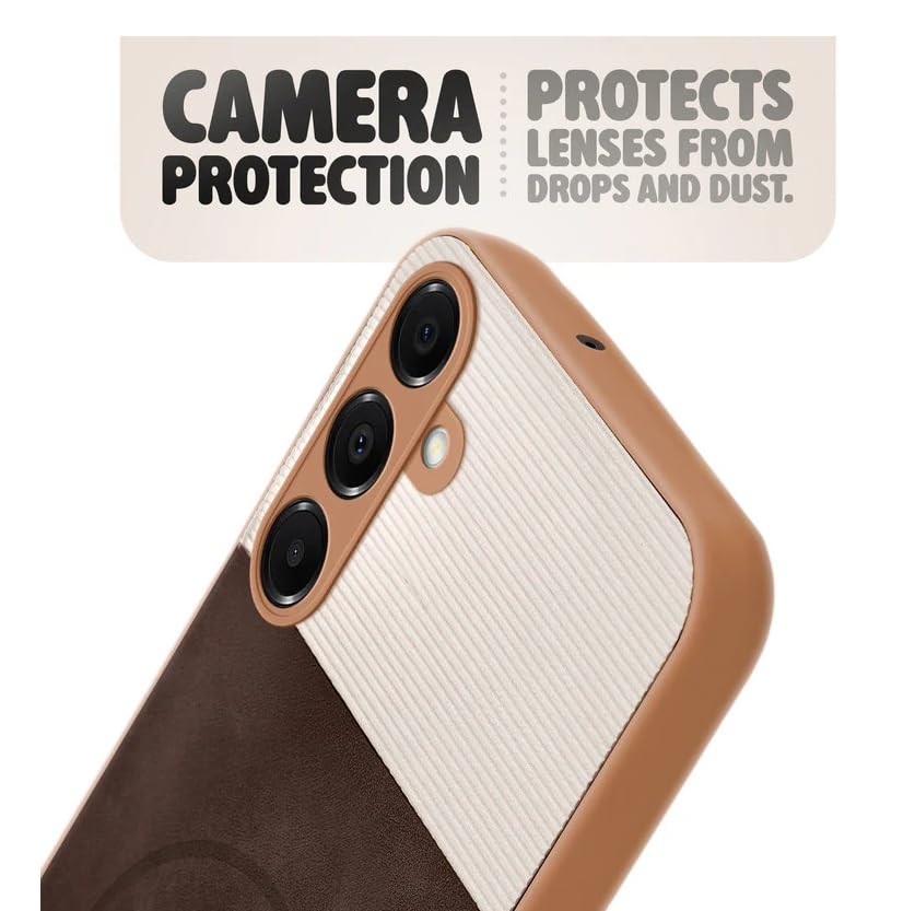 Image of Bintage CASE Mac Safe Design Hard Light Weight Back Case | Soft Border Camera Protect | Dual PU Leather Finish Back Cover Compatible for Samsung Galaxy F15 5G - White & Cherry Brown