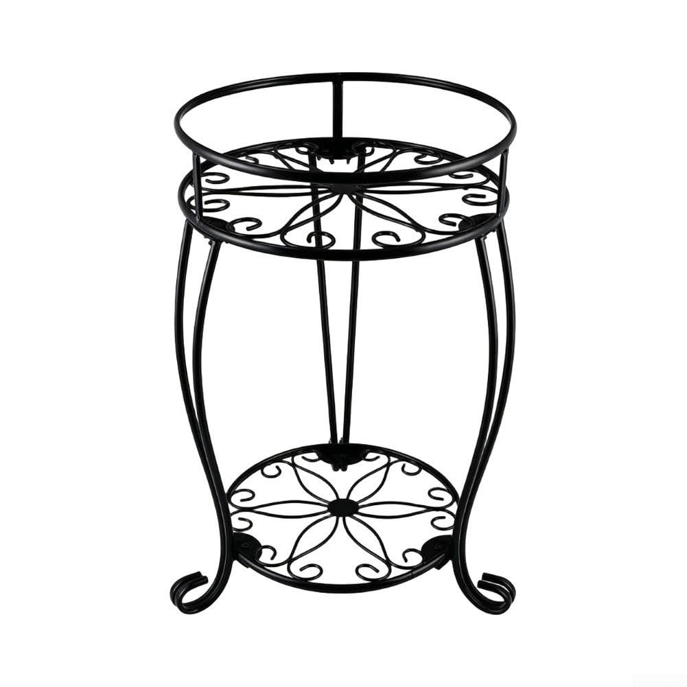 2 Etagen Pflanzenständer Metall Schwarz, Rostfreier | Blumenständer für Wohnzimmer & Balkon, Stabiles Pflanzengestell mit Blumenmuster, Topfhalter für regal für Garten Innen