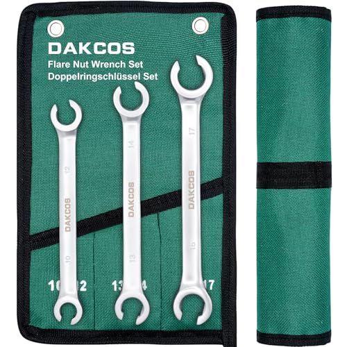 DAKCOS Jeu de clés à tuyauter clé à pipe pour tuyau de frein 3PC 10 x 12mm, 13 x 14mm, 15 x 17 mm, en CR-Vchromée mate