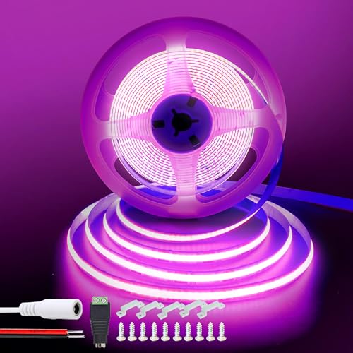 Clearhill Bande LED COB 12V 16,4pieds/5m (Sans alimentation),Violet,320LEDs/m,avec connecteur femelle DC 5521 et fils rouge/noir,largeur 8mm,IP20,pour...