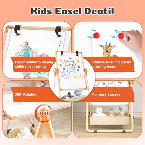 Andgogo Art Easel for Kids, 360°Rotating Adjustable Toddler Easel, Double Sided Kids Easel Drawing Board with Magnetic Chalkboard, Dry Erase White Board & Paper Roll Paint Art Set for Kids 2+