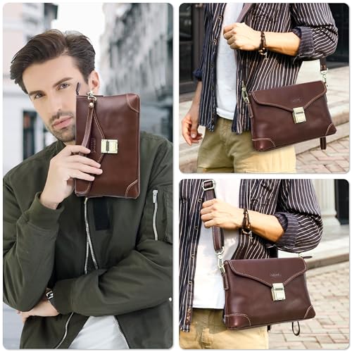 Image of Top Grain Genuine Leather Clutch Wallet for Man & Woman, Handmade Retro Design, Combination Lock & Adjustable Shoulder Strap & Wristlet, Portable Handbag for Cards /Checks /Phone /Banknote, Dark Coffee