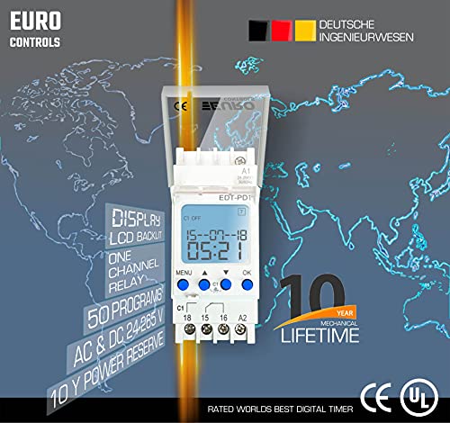 Image of EuroControls Euro EDT-PD1 German Tech - 24 to 265 V AC /DC - LCD Backlit - 50 Programs Daily /Weekly /Pulse /Holiday Modes - Programmable Electronic Timer Switch with Volt Free Output Option