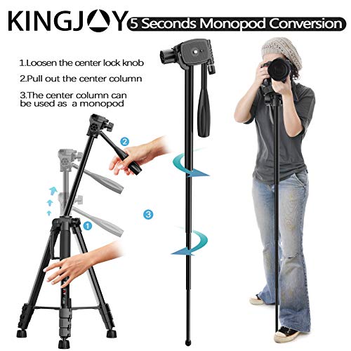 KINGJOY 71-inch Camera Tripod Aluminum Monopod Height 180 cm - Lightweight and Compact for Travel with 3-Way Swivel Head and Quick Release Plates for Canon Nikon DSLR Video Shooting - Thumbnail 3