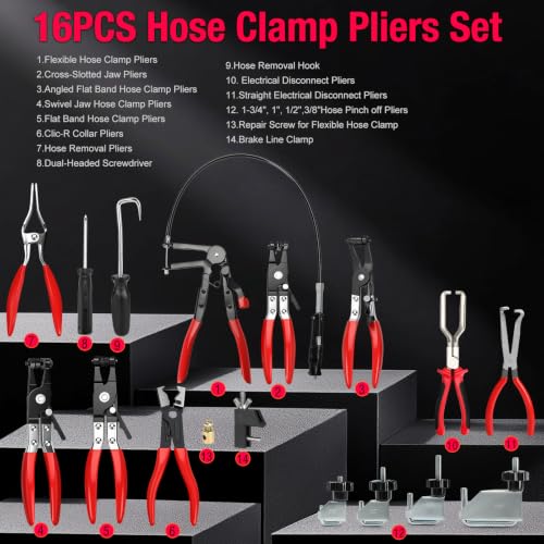 Image of BETOOLL Hose Clamp Pliers 16PCS, Hose Clamp Removal Tool Kit with Long Reach & Flexible Wire Tools for Radiator, Heater, Coolant & Water Hoses