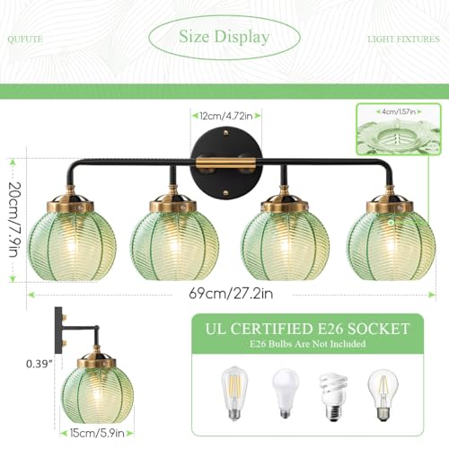 Image of Modern Vanity Light Bathroom 4-Light Fixtures Emerald Green Glass | Vintage 5.9inch Globe Shade Vanity Table Indoor Deco Lighting Black Gold Finish E26 Base, Mirror Over , Kitchen, Cabinet