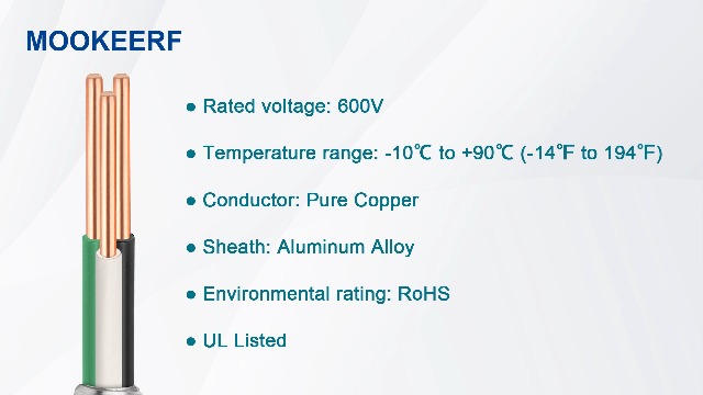 Image of MOOKEERF 14 /2 MC Cable with Ground - 10FT Pure Copper 14AWG /2 Metal Clad Wire with Aluminum Armor 14 Gauge 2 Conductor Type MC Alum Cable