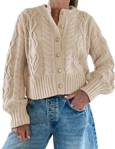 Watashi Women Sweater Casual Button Up Cable Knit Long Sleeve