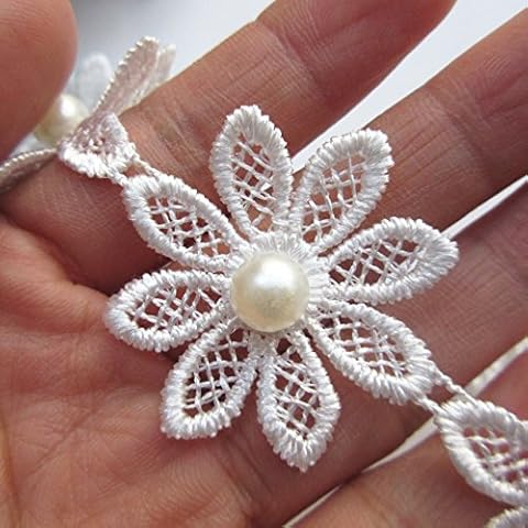 Qiuda 2 Yard Daisy Flower Pearl Lace Trim Ribbon 4 cm Width Vintage Style White Edging Trimmings Fabric Embroidered Applique Sewing Craft Wedding Bridal Dress DIY Party Clothes Embroidery Cover