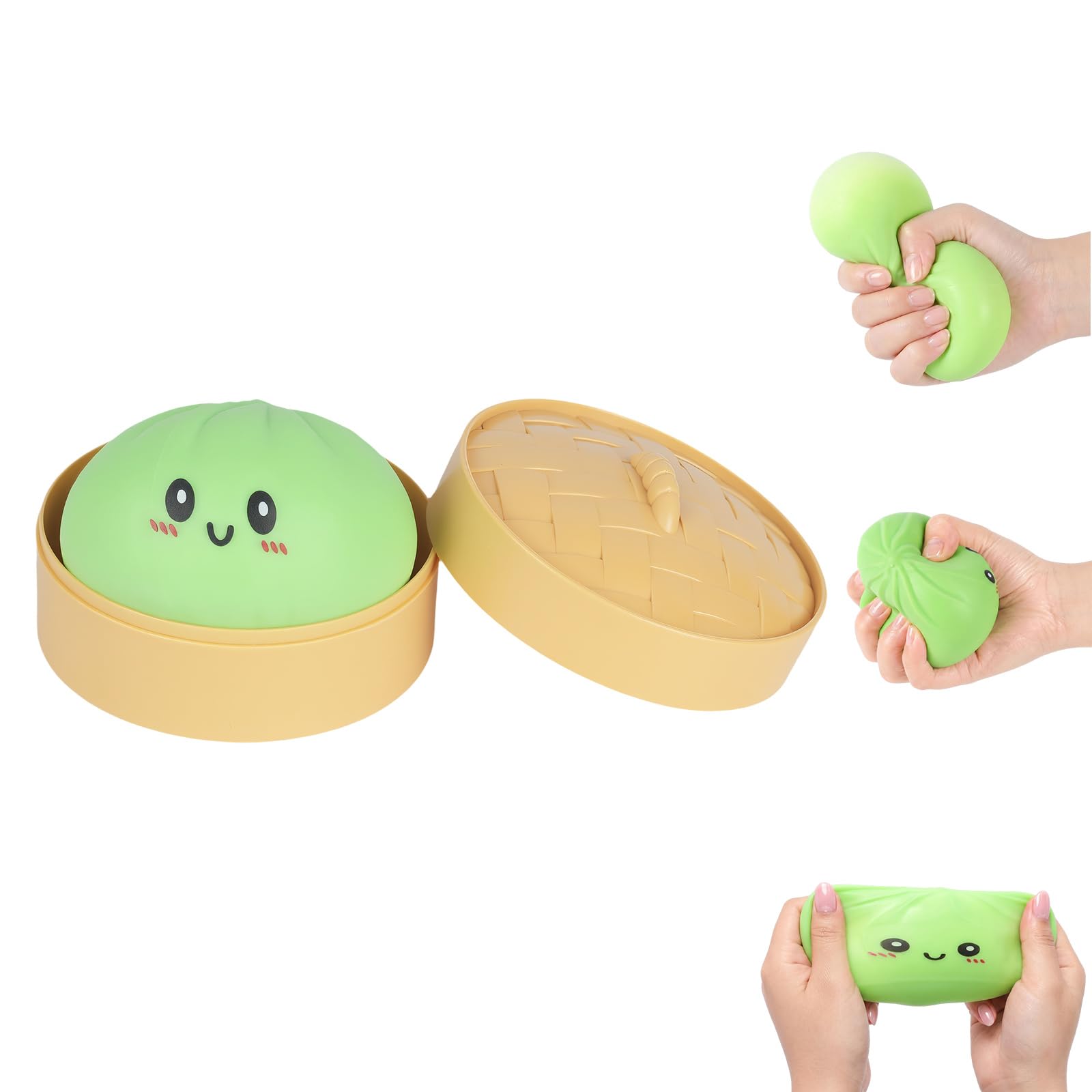 Squishy Dumpling Toy - 1 PC Bao Bun Squishys with Steamer Box, Squishy Dumpling Toys, Squishys Fidget Toys, Portable Stress Relief Squeezing Toy for Anxiety Stress Relief (Green）