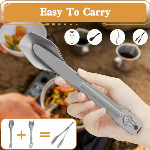 5-in-1-Camping-Utensils-Detachable-Cutlery-Portable-Silverware-Stainless-Steel-Flatware-Multitool-Set-Tongs-Spork-Spoon-Knife-for-Backpacking-Hiking-Picnics-with-Carrying-Bag-Carabiner