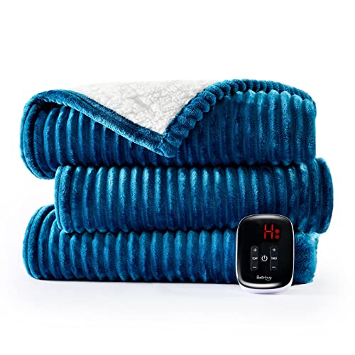 Image of Bearhug Electric Heated Blanket, 62 inchx84 inch Ribbed Flannel & Sherpa Fast Heating Blanket, 10 Heating Levels & 1-12H Auto Off, Over-Heat Protect, ETL, Machine Washable
