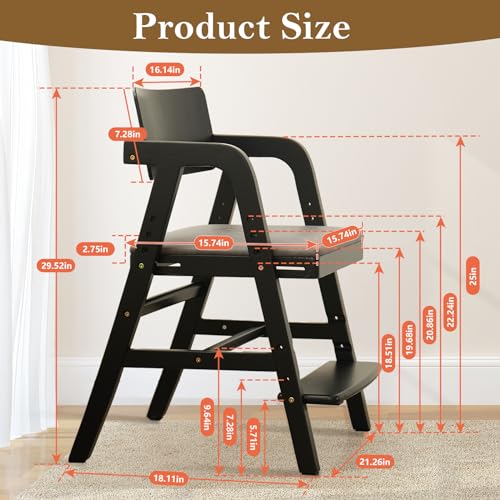Image of Solid Wood High Chair for Toddlers to Teens, Adjustable Height Toddler Dining Chair, Easy to Clean Toddler Highchair with Removable Soft Cushion for Dining, Studying, Step Stool, Black