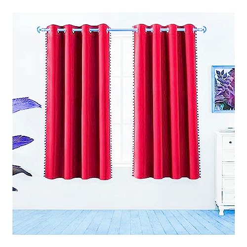Image of Amazon Brand - Umi Velvet Eyelet Door Curtains with pom pom Lace for Living Room Bedroom Kitchen 2 pc Pack in Red Color (Windows - 4 feet x 4 feet)